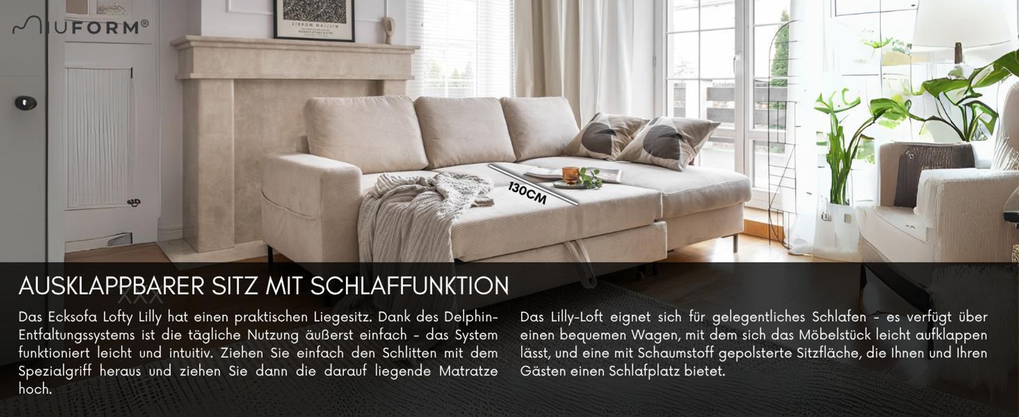 MIUFORM Lofty Lilly - Ecksofa mit Bettfunktion und Bettkasten L-FORM RECHTS - 236x148cm - Beige - Sofa Schlafsofa Couch