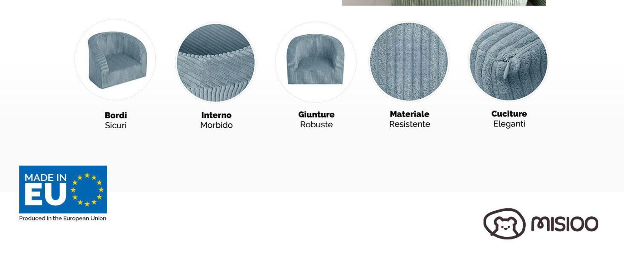 MISIOO Poltrona per bambini da 1 anno - Poltrona Premium in velluto a coste per bambini - Stabile e morbida - Imbottita ergonomicamente - 40x53x36 cm