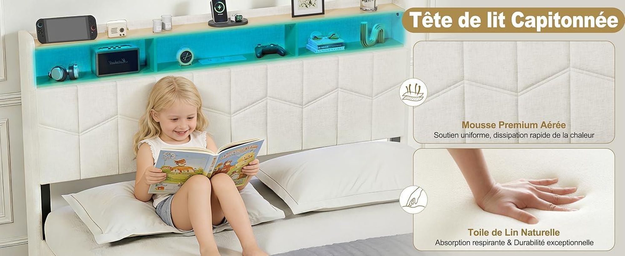 DEWINNER Lit 140x190 avec Sommier | Cadre Flottant | Lit Double avec LED Réglable | Multiprise | Sommier à Lattes | Lin Blanc | Idéal pour Chambre Mod