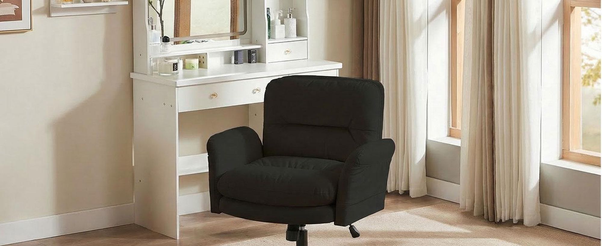 Bestier Schreibtischstuhl,gepolsterter Sitz, höhenverstellbar,verstellbare Armlehnen,Drehstuhl mit Rollen,für Homeoffice,Kommode, Schminktisch,Schwarz