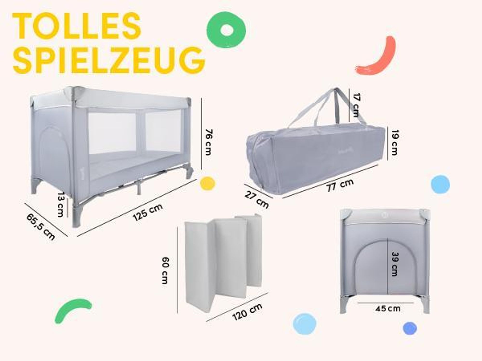 Graue Kinderreisebett klappbar mit Tasche und Rädern  60*120cm