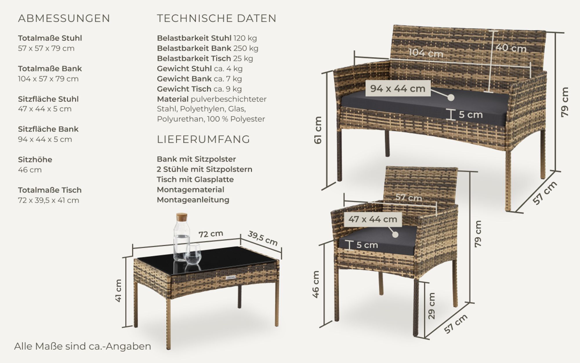 tectake® Rattan Gartenset Palese für 4 Personen