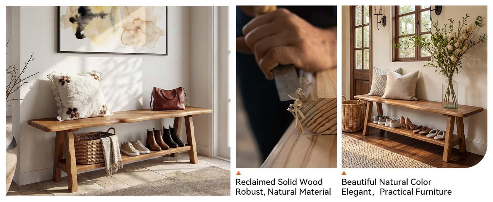 140 cm lange Eingangsbank aus Massivholz, Landhausstil, lange Bank am Fußende des Bettes, Schuhbank mit Baumkante, Essplatz für Eingangsbereich