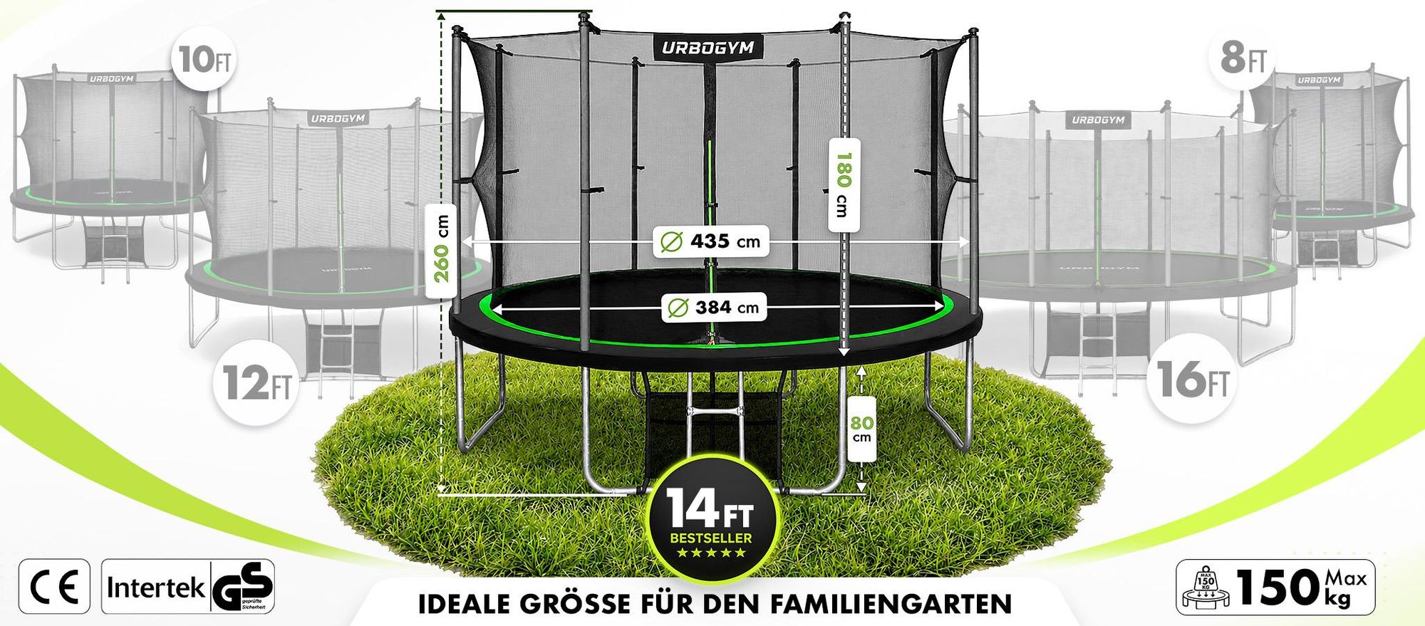 URBOGYM Trampolin JUMPER 14FT Gartentrampolin für Kinder Komplett-Set mit Sicherheitsnetz, Leiter, Randabdeckung, Outdoor, Grün, robust, Ø 435 cm
