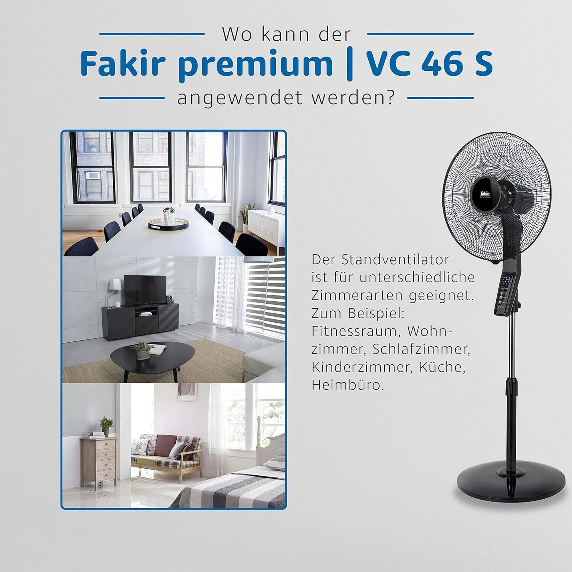 Fakir VC 46 S premium Standventilator, 45 cm Ø, extra leise, Oszillation, verstellbar, Fernbedienung, Touch-Steuerung