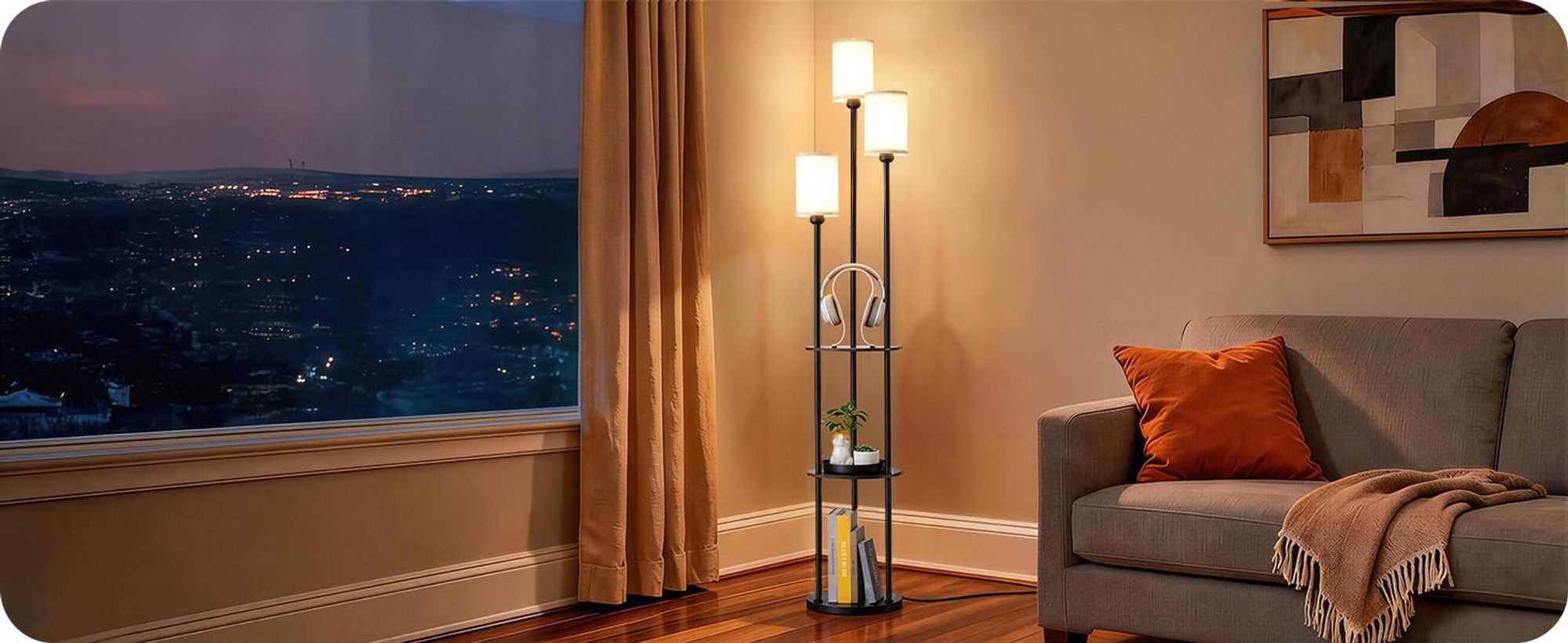 EDISHINE Stehlampe Wohnzimmer, 3-flammige LED Stehleuchte mit Regal & Leinen-Lampenschirm, inkl. Leuchtmittel,Moderne Stehlampe für Schlafzimmer,178cm