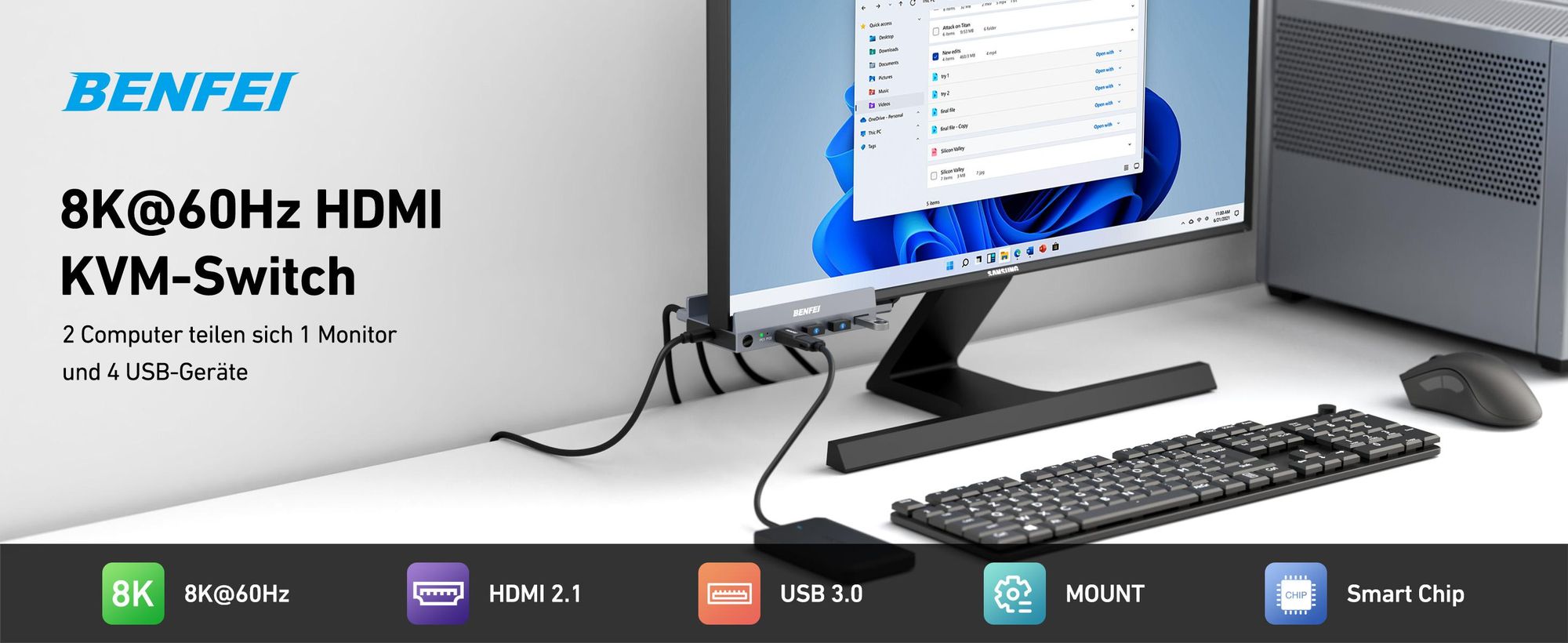 BENFEI KVM-Switches USB 3.0 HDMI KVM Switch 8K 60Hz 4 Port USB
