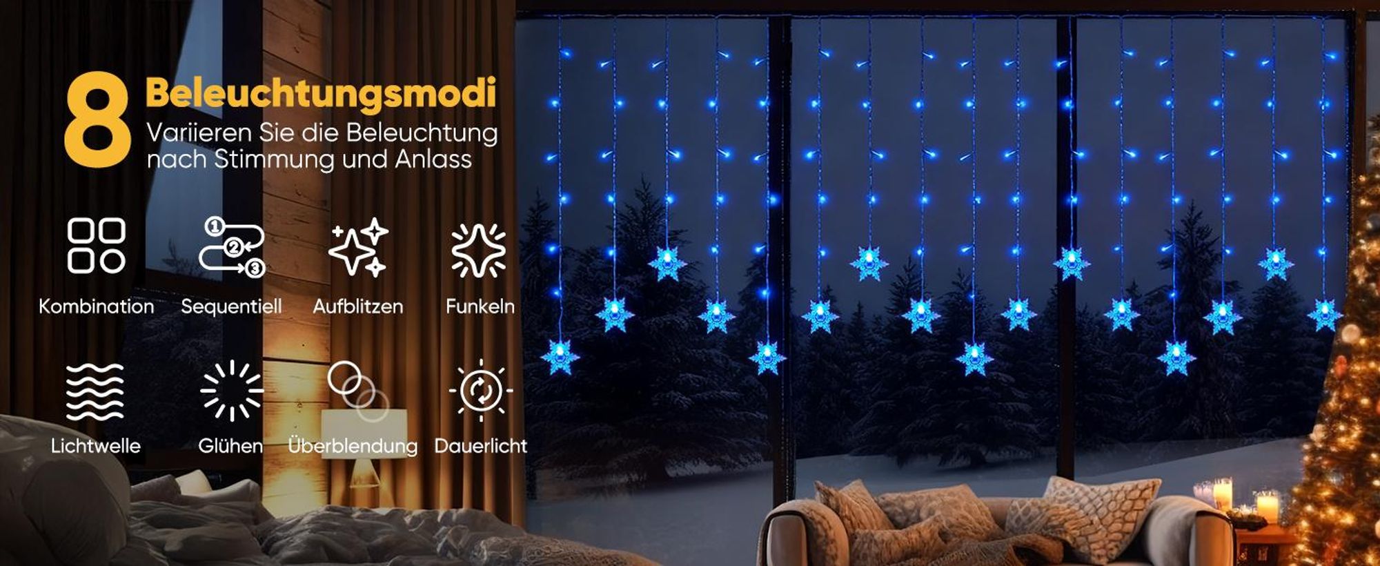 LED Schneeflocke Lichterkette Blau Lichtervorhang 8 Lichtmodi Innen Party Garten Fenster Weihnachten Beleuchtung