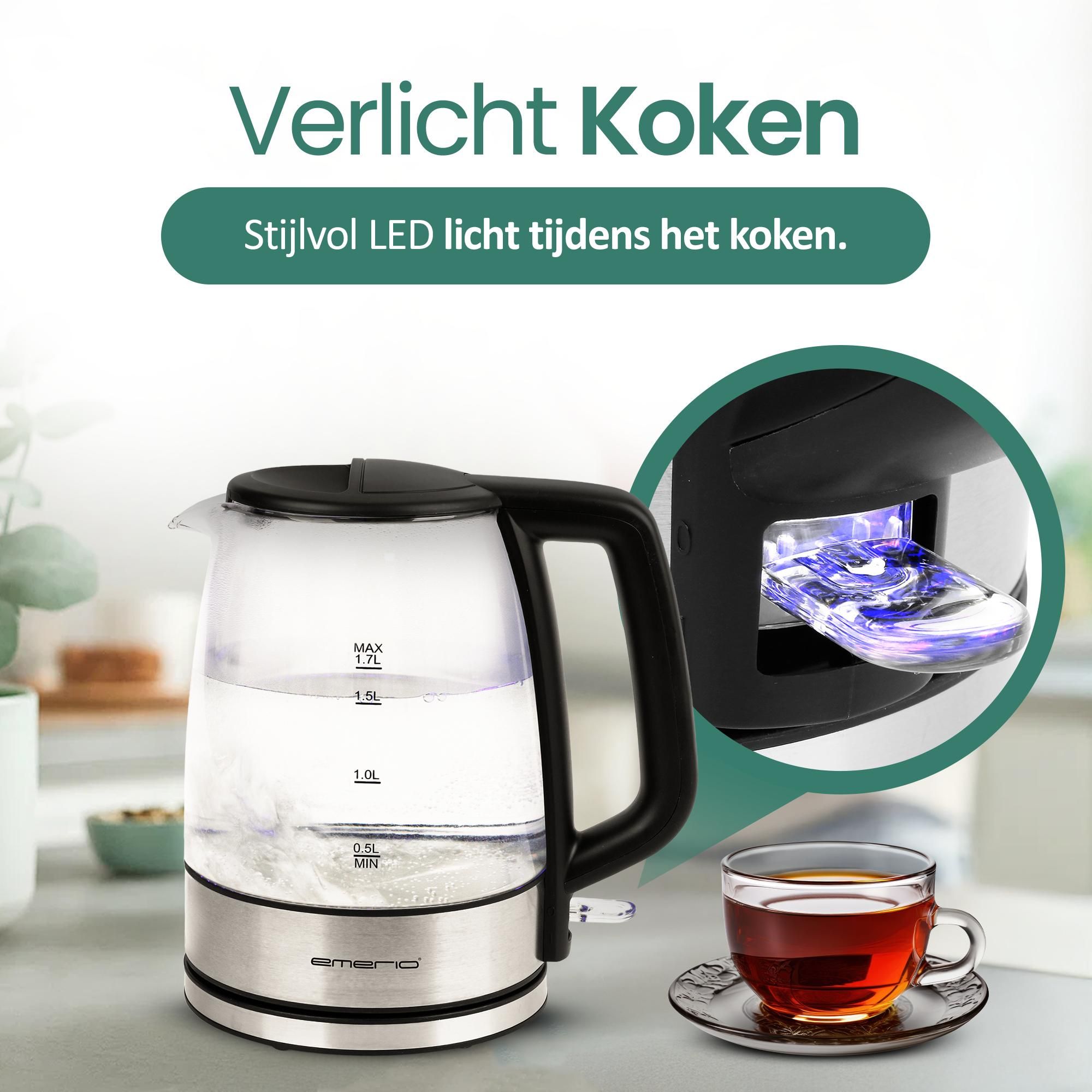 Emerio Waterkoker WK-130126 – 1,7 Liter – 2200 W – LED-verlichting – Oververhittingsbeveiliging – Waterniveau-indicator – RVS/Glas