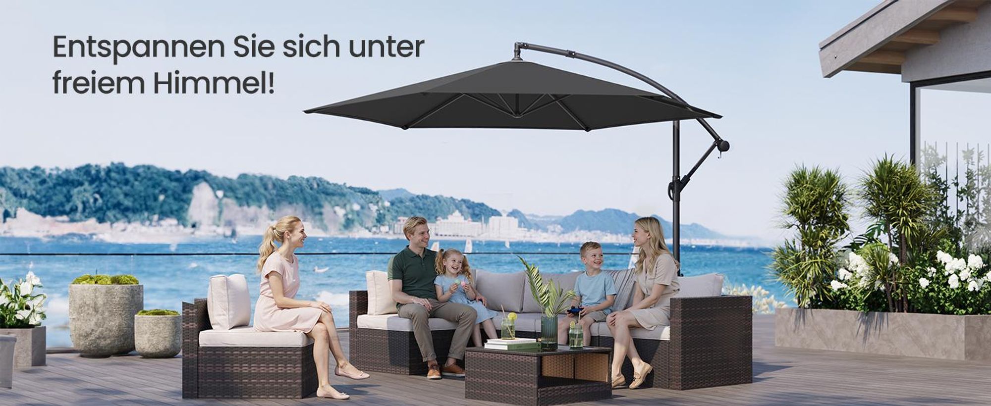 SONGMICS Ampelschirm 350 cm, UV-Schutz UPF 50+, Sonnenschirm mit Ständer, für Garten Terrasse, Kurbel, grau