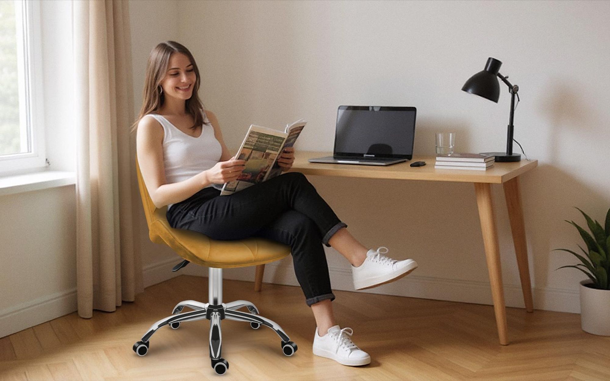 MARK ADLER Future 3.0 | Drehstuhl Bürostuhl Polsterstuhl | Höhenverstellbar bis 130 kg belastbar Samt Velours | Homeoffice Schminktisch | Senfgelb