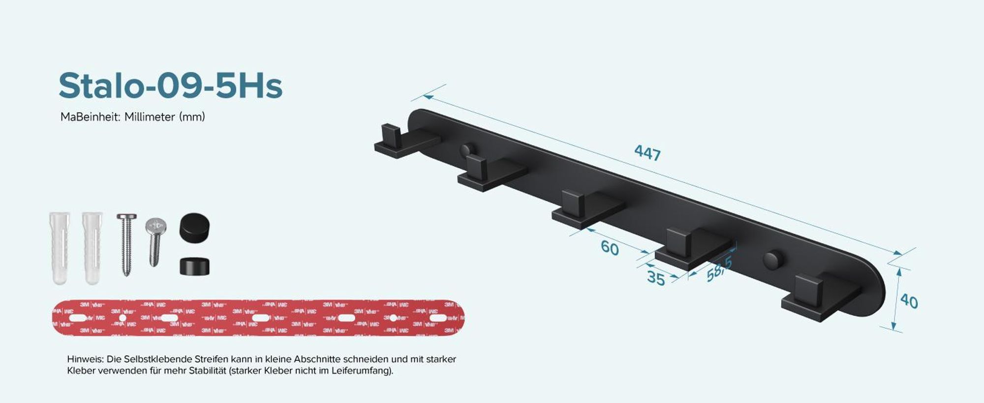 doporro Garderobenhaken Edelstahl, Kleiderhaken Wand mit 5 Haken, selbstklebend & ohne Bohren Matt schwarz für Jacken, Handtücher Stalo-09
