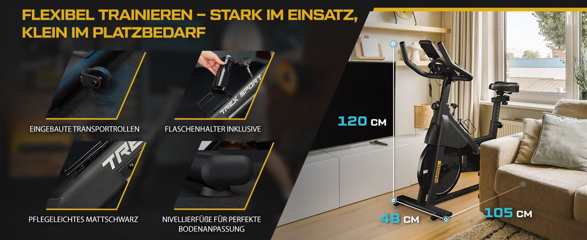 TREX SPORT Indoor Bike Heimtrainer Fahrrad TX-840SB FARGO |Magnetischer Widerstand, 10kg Schwungrad, Trainingscomputer, Pulssensoren, leise, bis 130kg