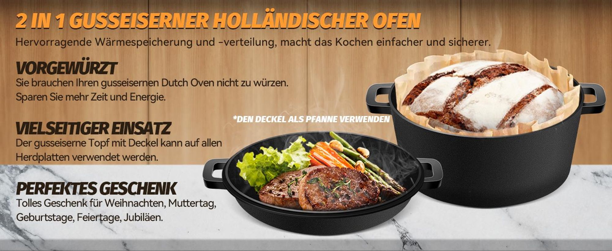 Gusseisen Topf Brot backen - Brotbackform mit Deckel 26CM für selbstgemachtes Brot - Brotbacktopf, Brotbackzubehör, Gusseisentopf