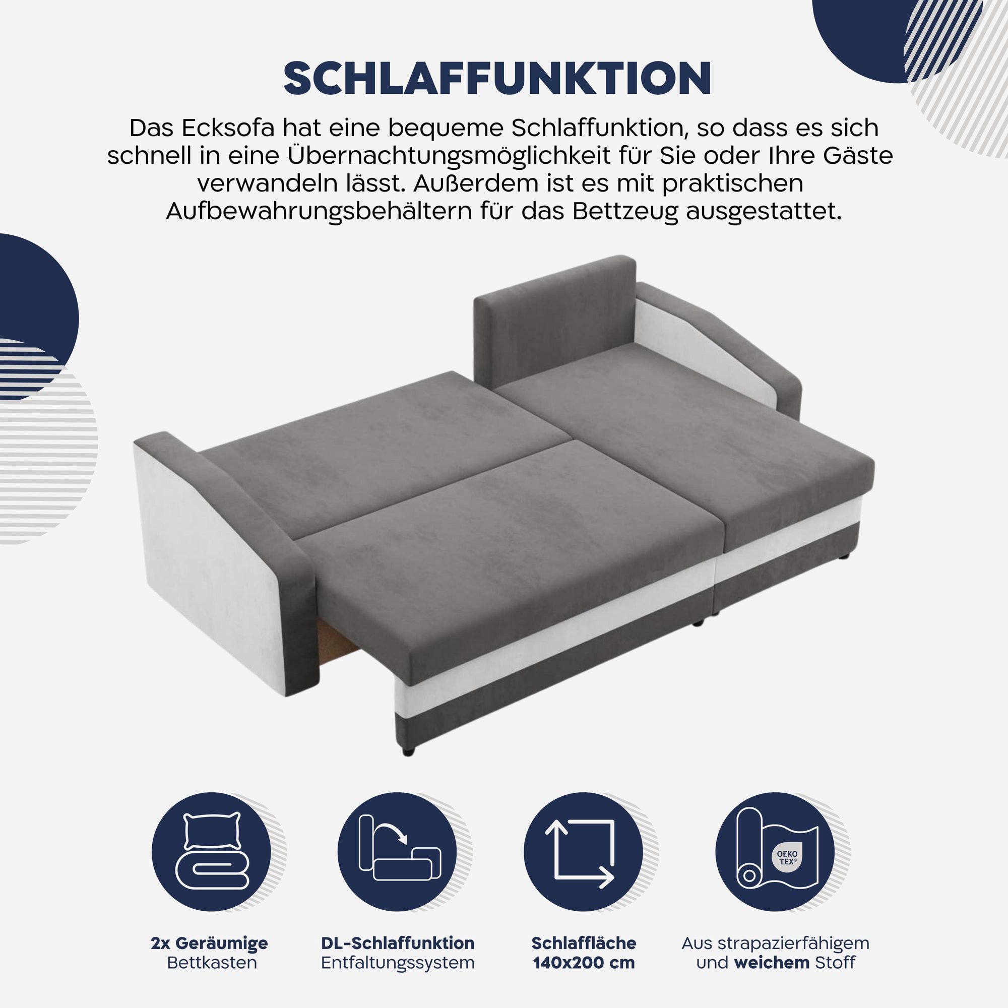 Ecksofa ORION mit Schlaffunktion und 2 Bettkästen, Schlafsofa L-Form, universal montierbar (links/rechts), Polsterecke Stoff Schwarz / Grau