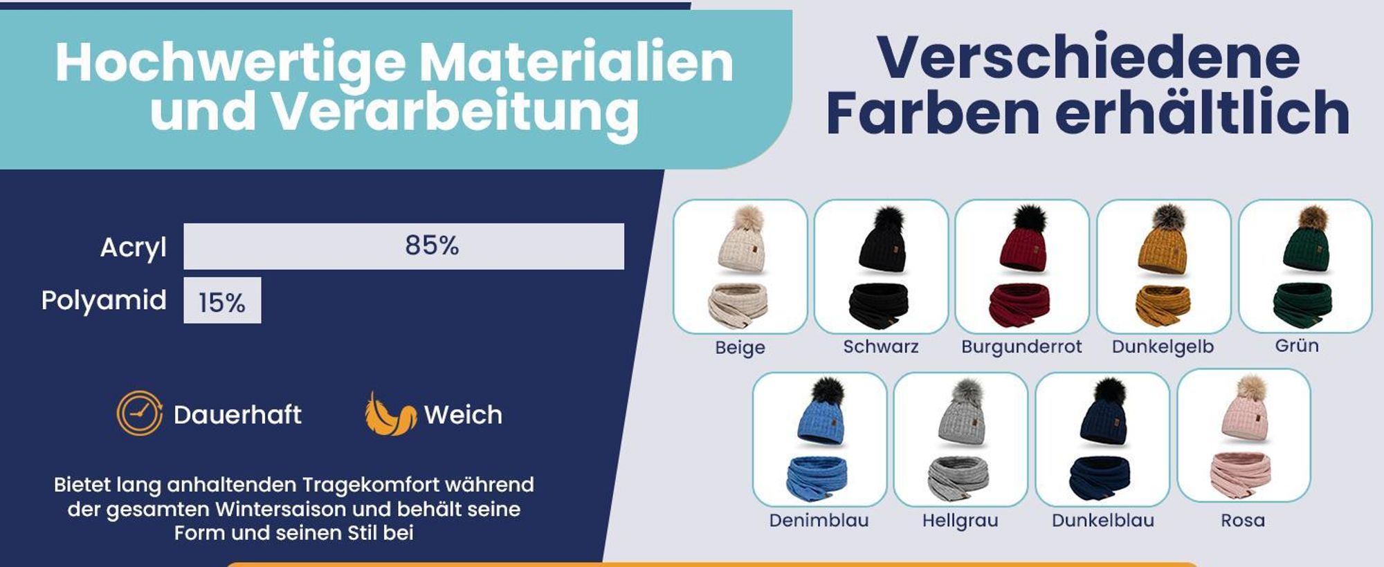 Vivisence damen bommelmütze und schal set warm kopfbedeckung und halsbedeckung an winter und herbst warm dick, wintermütze mit bommel, winterset für frauen, hergestellt in eu, rosa, einheitsgröße