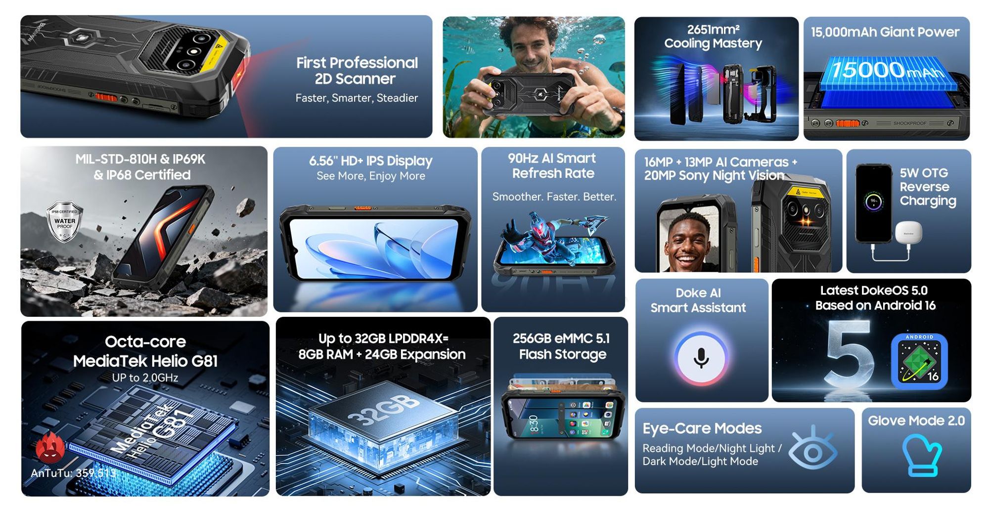 Blackview ROCK 1 PRO 6.56" Militarisches Outdoor handy, 32+256GB, Android 16, 15000mHA, 33W, Face ID, 16MP+13MP+20MP, Helio G81, IP69K/IP68