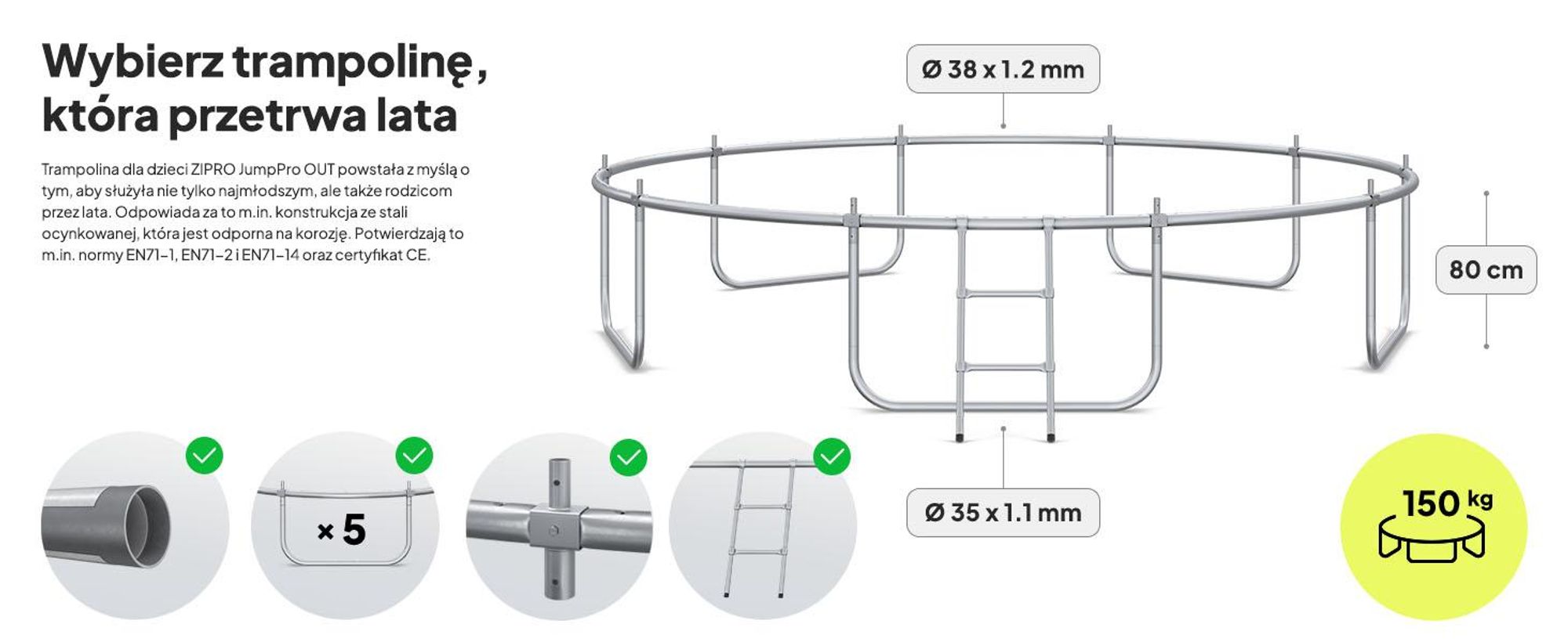 Trampolina ZIPRO Jump Pro Out | 12FT Ø 374 cm | Trampolina ogrodowa Trampolina dla dzieci Kompletny zestaw z siatką zewnętrzną, drabinką i pokrowcem, do użytku na zewnątrz, zielona