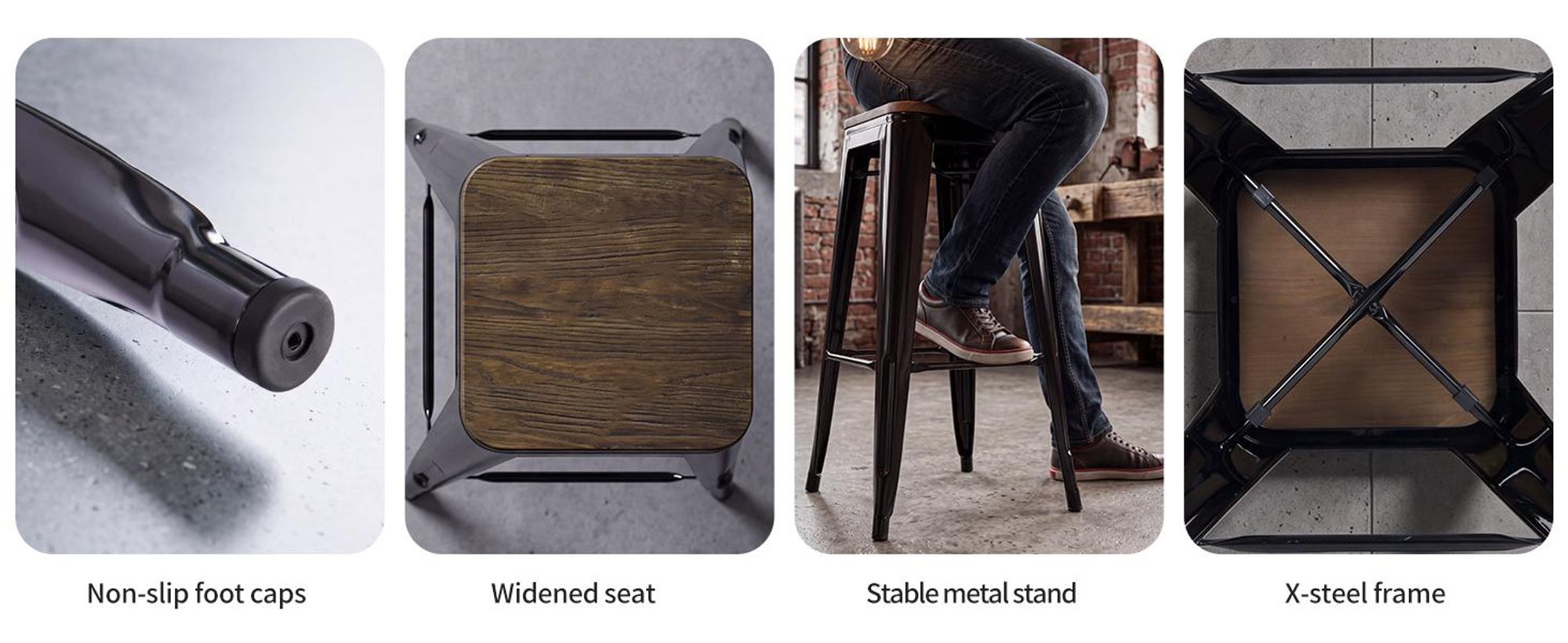 4x sedia sgabello in metallo, colore a scelta, effetto , seduta in legno, sgabello da bar impilabile, colore: nero + legno scuro, materiale: metallo