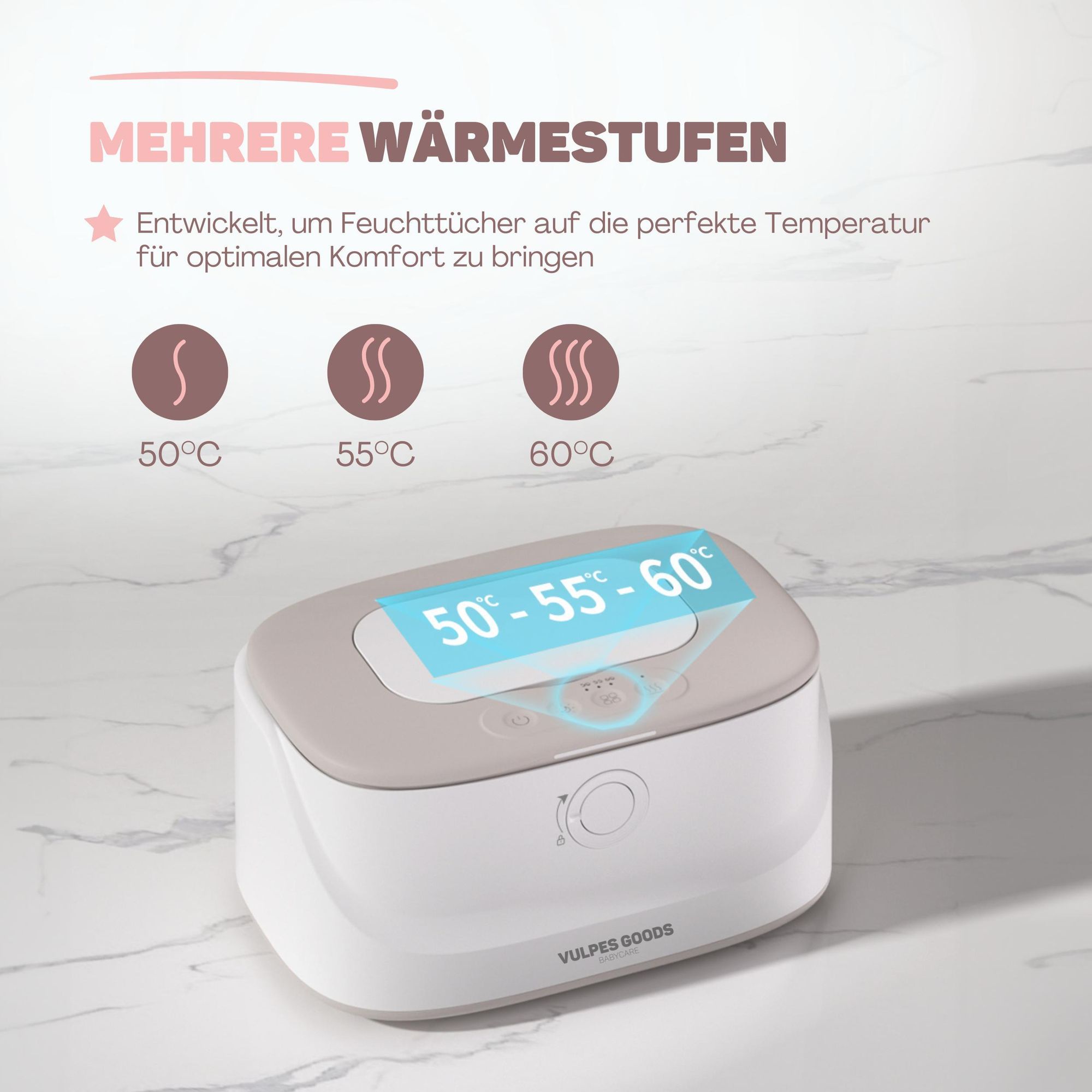 Vulpes Goods Feuchttücherwärmer, Feuchttücherbox, 3 Wärmestufen & schnelle Erwärmung, Konstante Temperatur, Nachtlichtfunktion