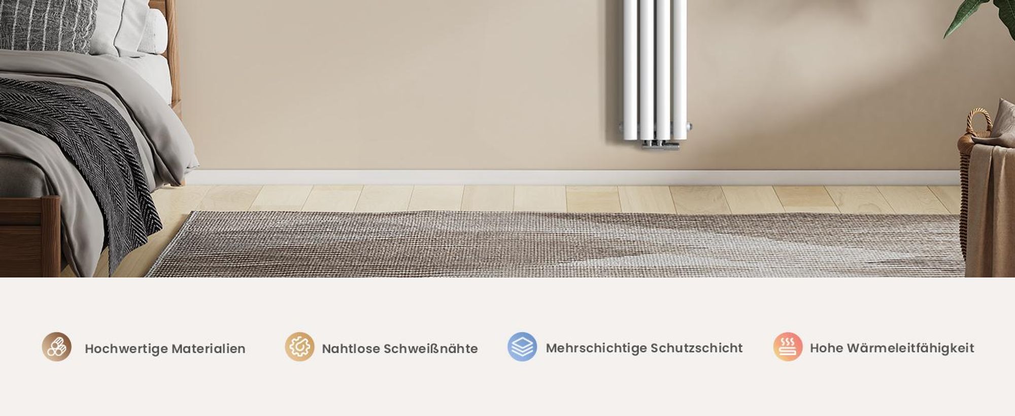 EMKE Design-Röhrenheizkörper für Warmwasserbetrieb Mittelanschluss Vertikal Oval Doppellagig 623 Watt 24cm x 160cm Weiß ohne Heizstab