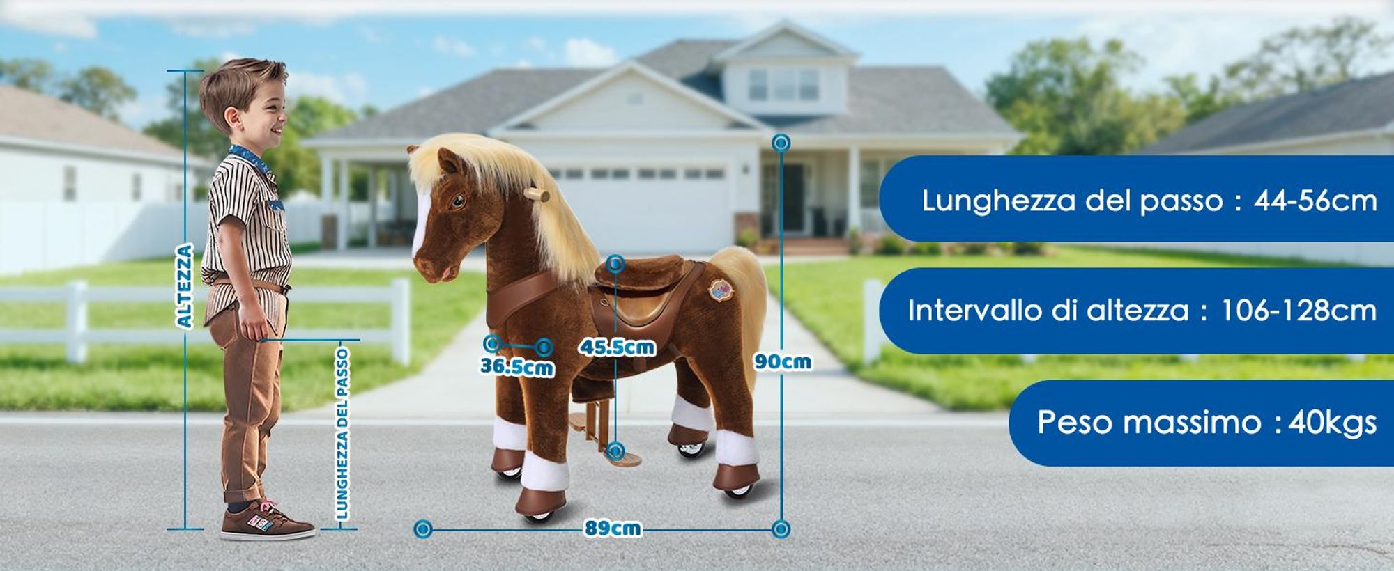 PonyCycle Modello Y Pony Cavalcabile Marrone su Ruote per Bambini dai 4-7 Anni, Cavallo di Peluche con Suoni, Regalo di Compleanno per Bambini – Y474