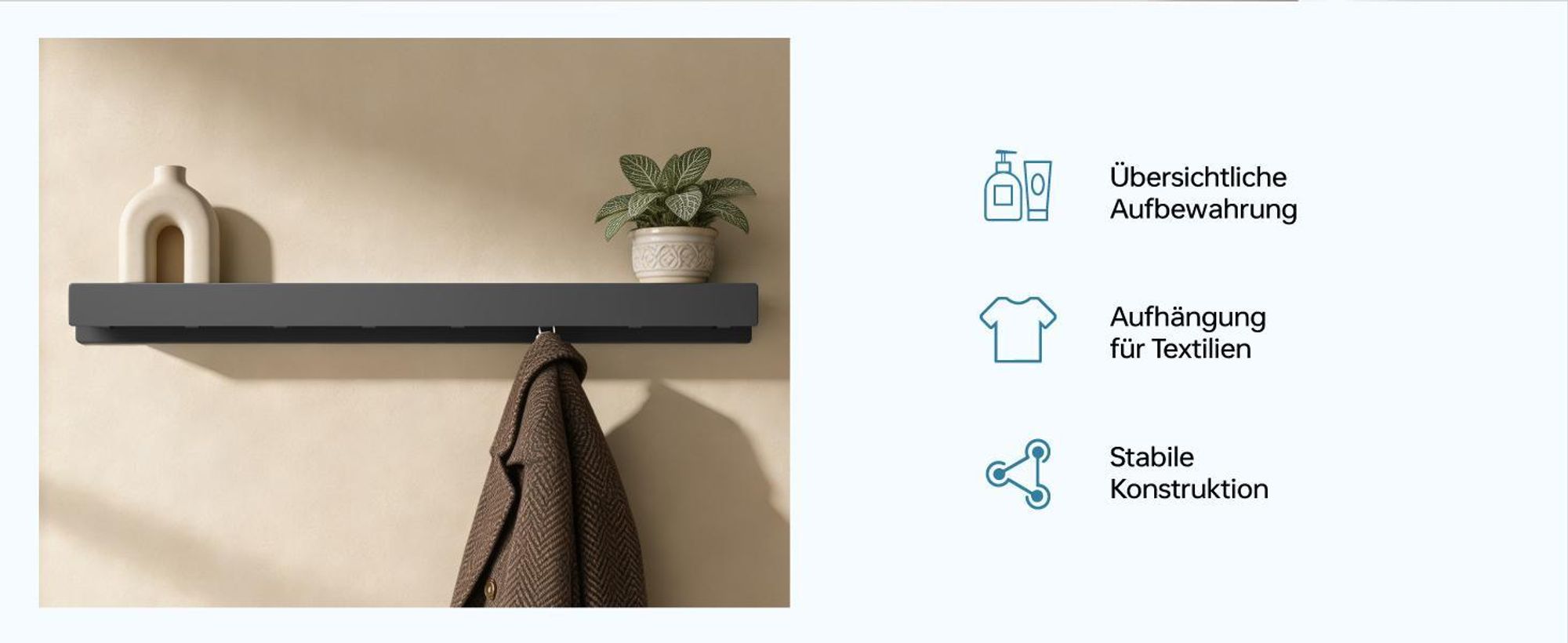 doporro Wandgarderobe mit Ablage, Garderobenleiste 80 cm mit 8 Garderobenhaken Schwarz, Kleiderhaken Wand zum Schrauben oder Kleben, Stalo-11