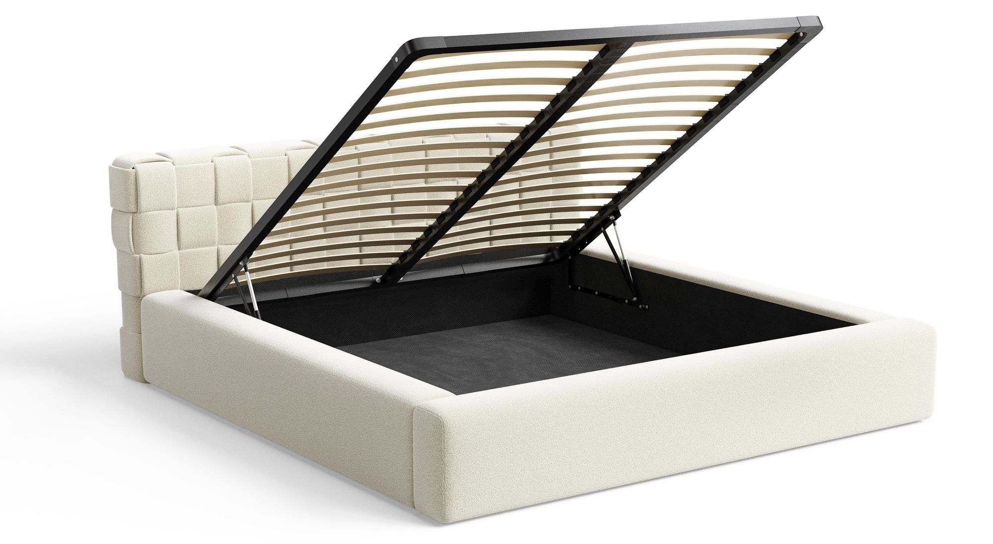 Chilly Möbel Design Bett Cube - Geometrisches Polsterbett mit Stauraum, Lattenrost und stabilem Metallrahmen 180x200 cm / Bouclé / Beige
