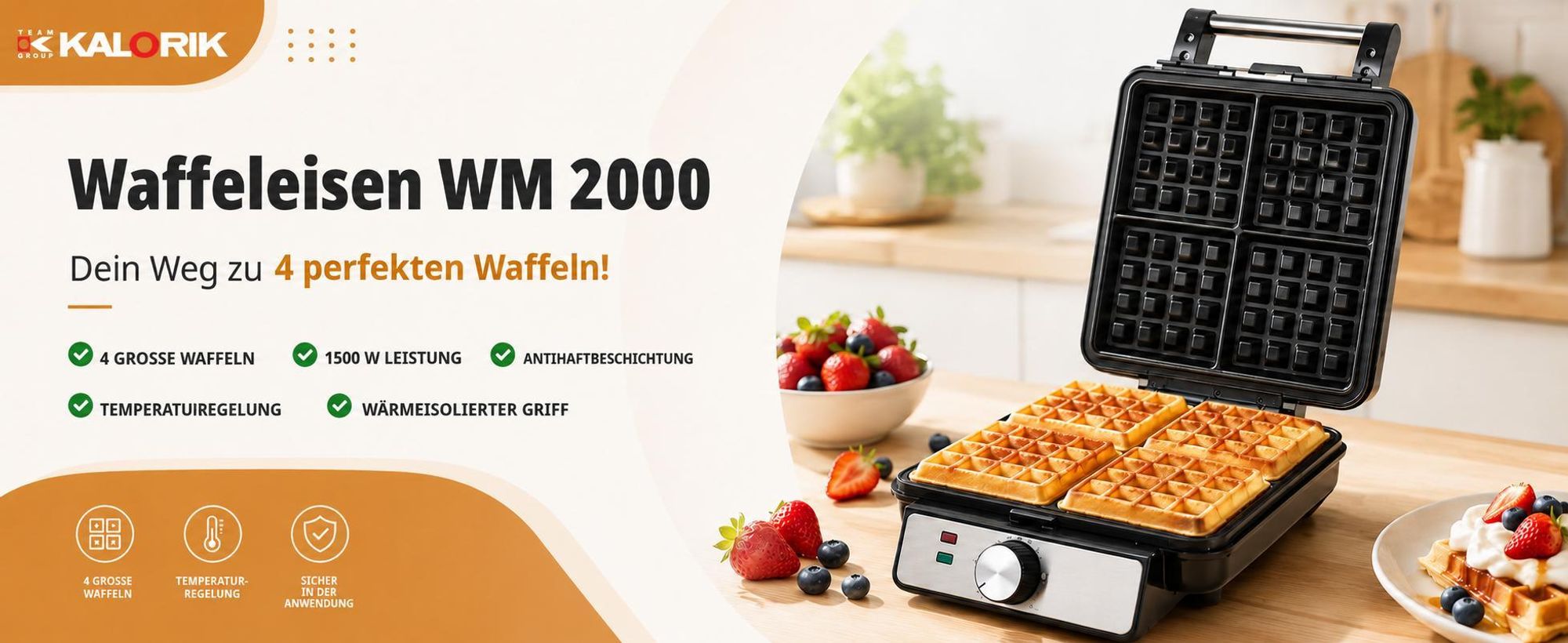 Kalorik Waffeleisen 4 knusprige Waffeln Einstellbarer Thermostat  1500W