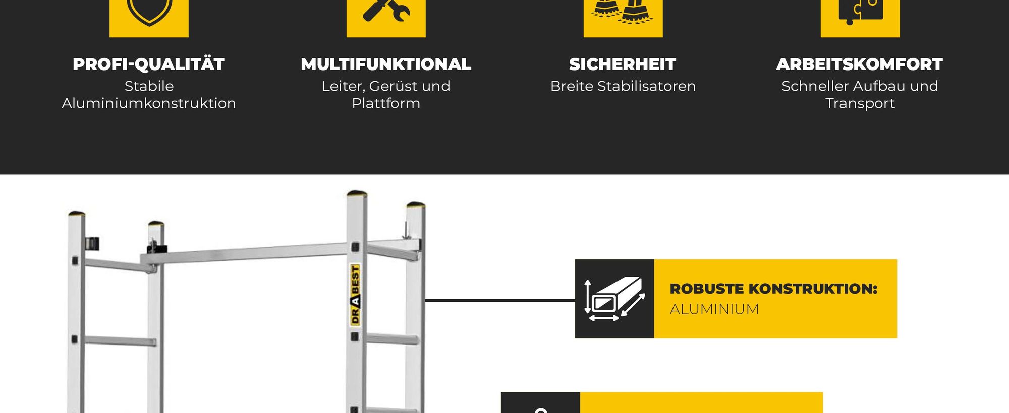 Drabest | Aluminiumgerüst - Aluminiumgerüst 2X7 - Leitergerüst - Tragfähigkeit der Plattform: 150 kg - Abmessungen der Plattform 46X150 CM