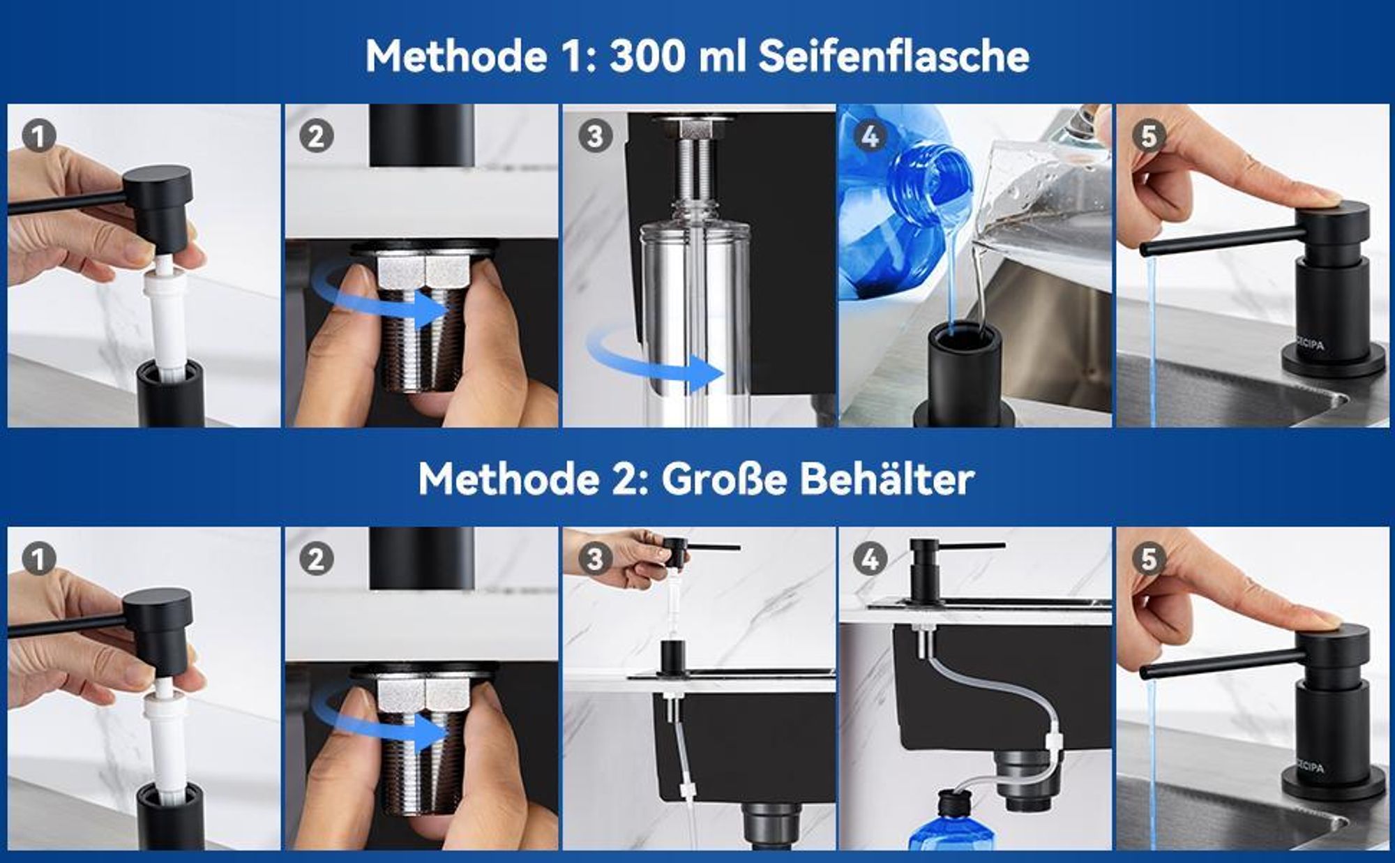 CECIPA Seifenspender Schwarz, Messing, 300ml + 1,25m Schlauch, Anti-Rückfluss, Küche