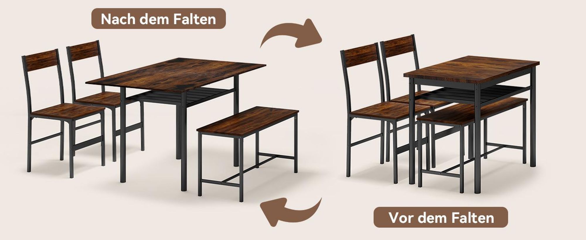 Puluomis Klappbarer Esstisch mit 2 Stühlen und Bank 120x75 cm, Essgruppe 4-tlg Klapptisch mit Aufbewahrung, Industriedesign für Esszimmer Holz Schwarz