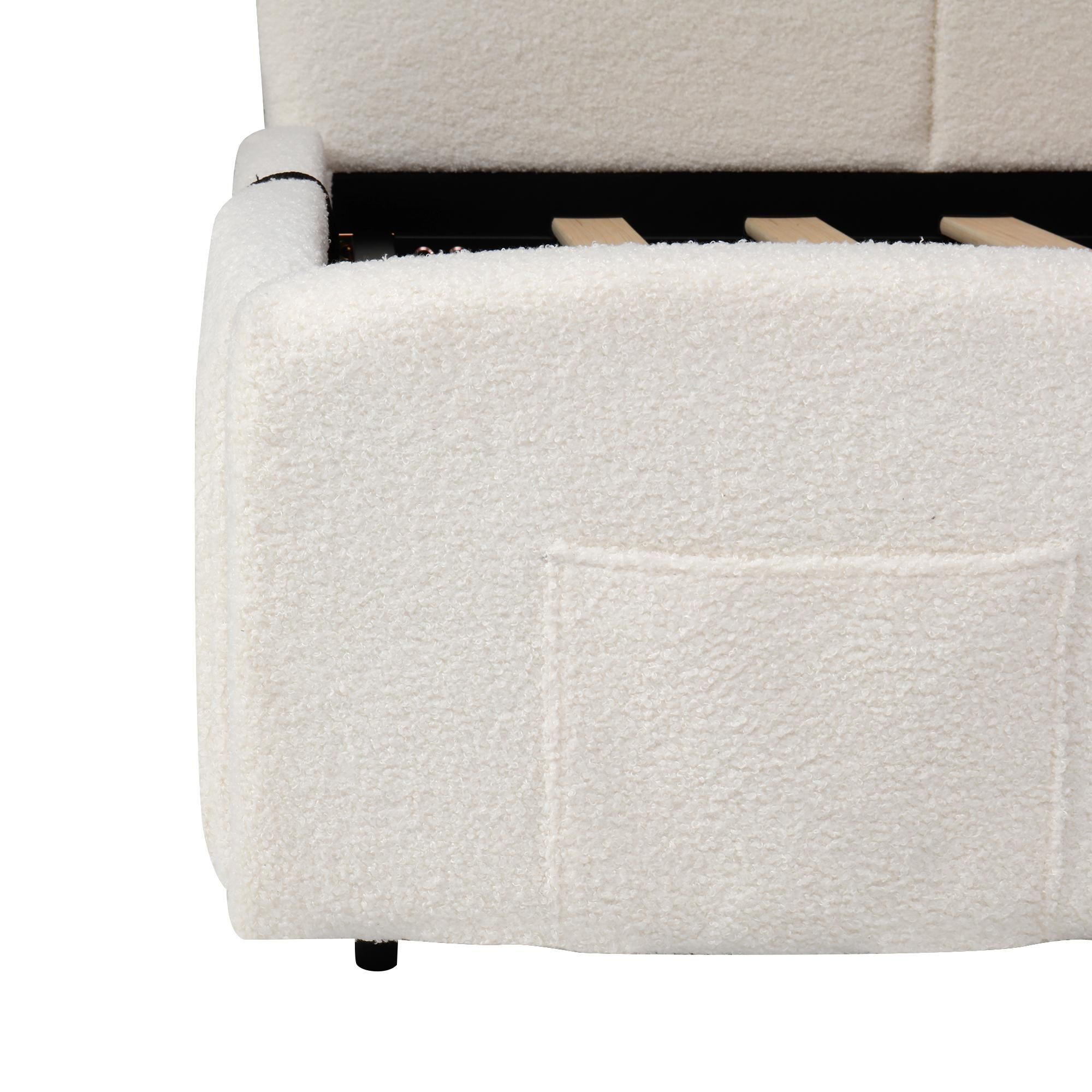 Flieks Hydraulisches Polsterbett 90x200cm mit Stauraum, Schlafsofa Tagesbett mit USB & Type-c, Stauraumbett Einzelbett, Bouclé, Beige