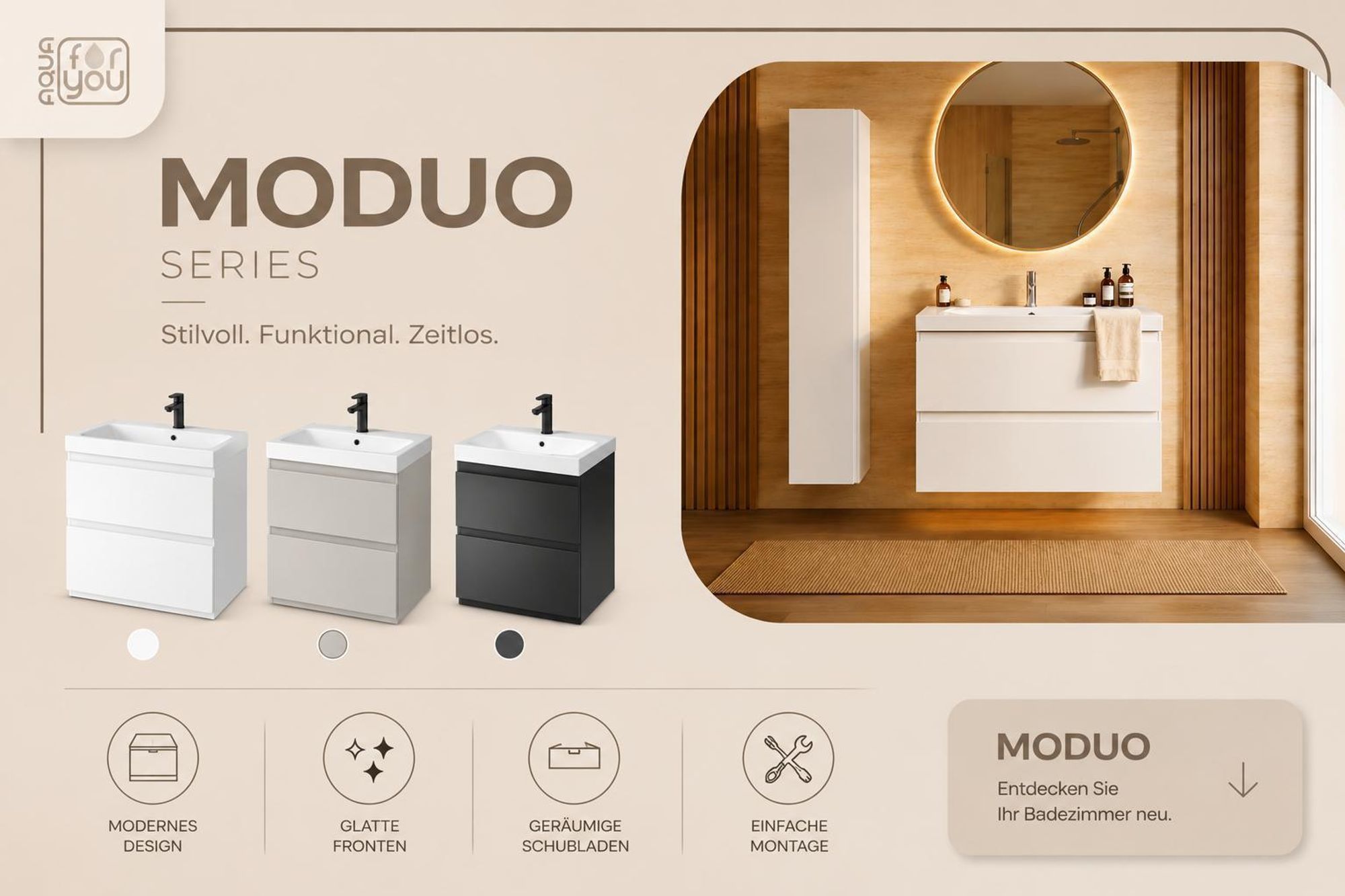 AQUA for you | Badezimmerschrank - CERSANIT MODUO - Waschtisch Set 40 cm – Kaschmir - mit Waschbecken, Unterschrank, Badmöbel Set, Badezimmerschränke