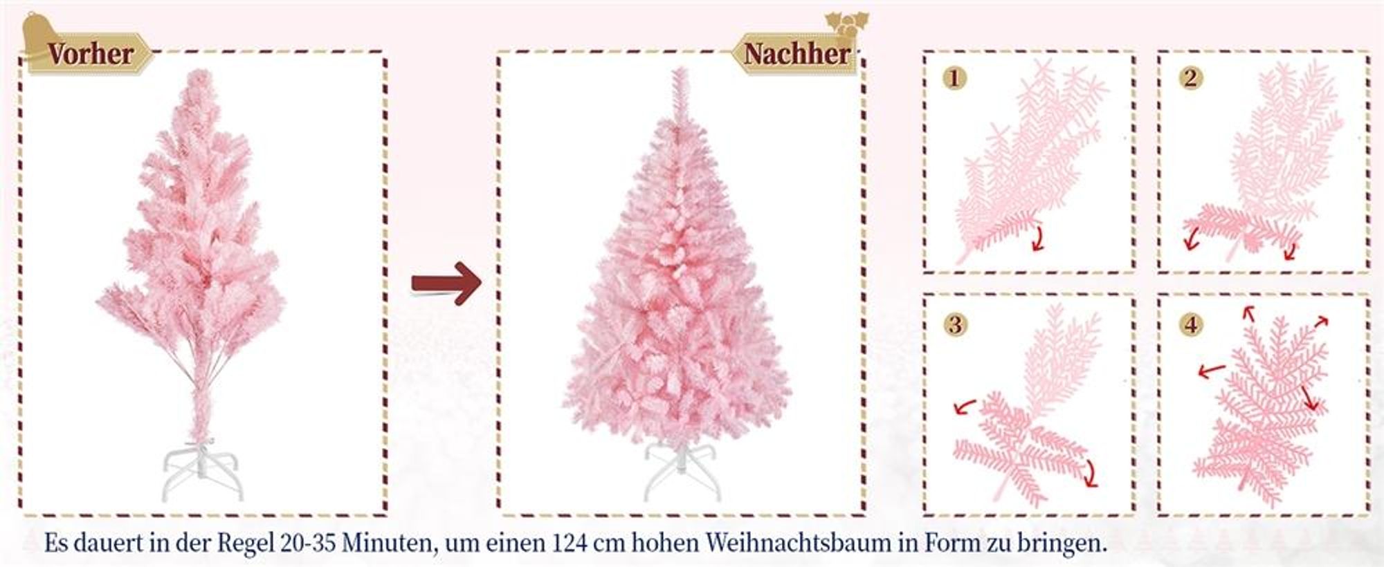 Yaheetech 124 cm Künstlicher Weihnachtsbaum mit 208 Spitzen & faltbarem Metallständer, Tannenbaum Kunstbaum für Weihnachten, rosa