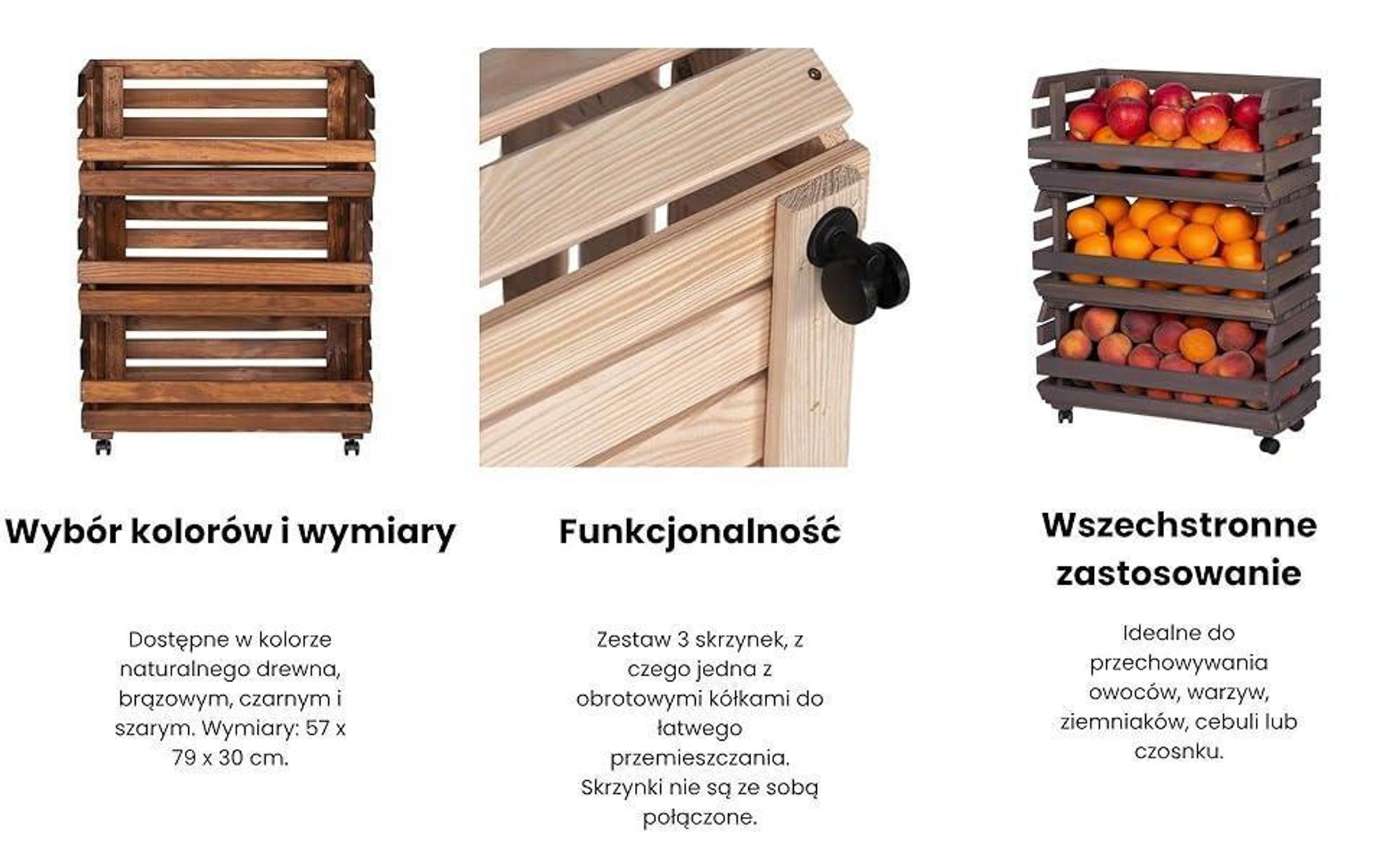 STOLMAK Drewniana Skrzynka na Owoce na Kółkach 57x79x30 cm Regał na Warzywa i Ziemniaki 3 Poziomy