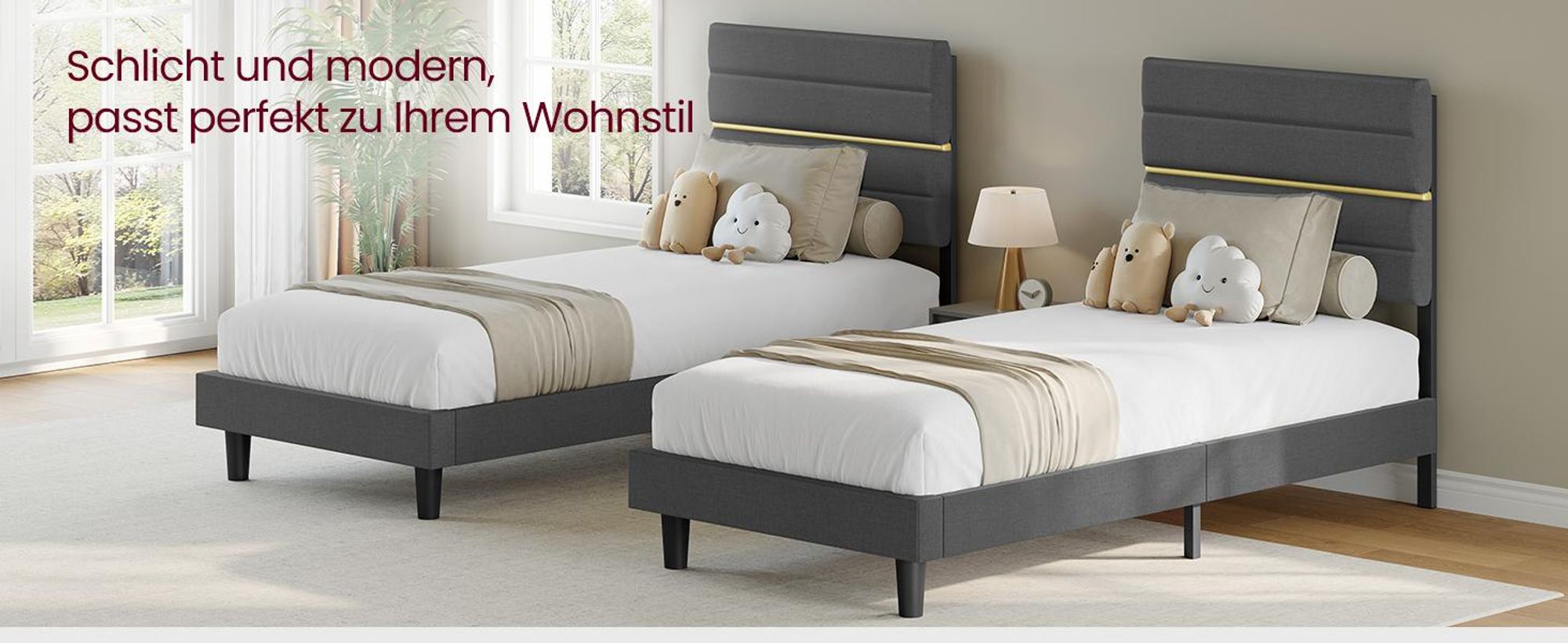 VASAGLE Bettgestell, Einzelbettgestell, passend für 90 x 200 cm Matratze, verstellbares gepolstertes Kopfteil, modern, grau
