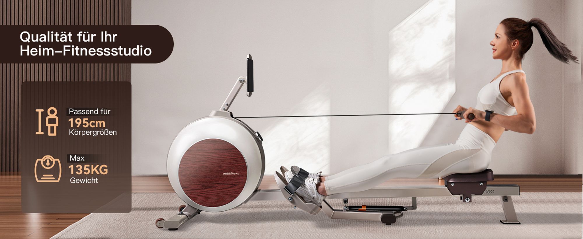 MOBI FITNESS Ruby Rudergerät mit Akku für Zuhause, Klappbares Rudergerät mit 40-stufigem Widerstand, leises Magnetbremssystem, 135kg belastbar