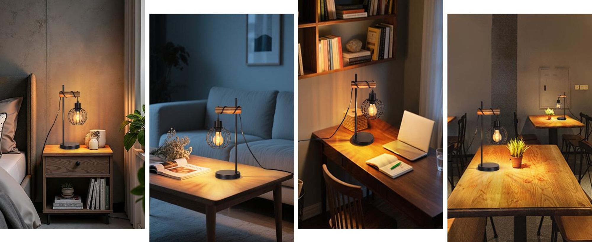 ZMH Tischlampe Schwarz Holz Tischleuchte Vintage Nachttischlampe 1 flammig im Industrial Metall E27 Fassung Retro Nachttischleuchte ohne Leuchtmittel