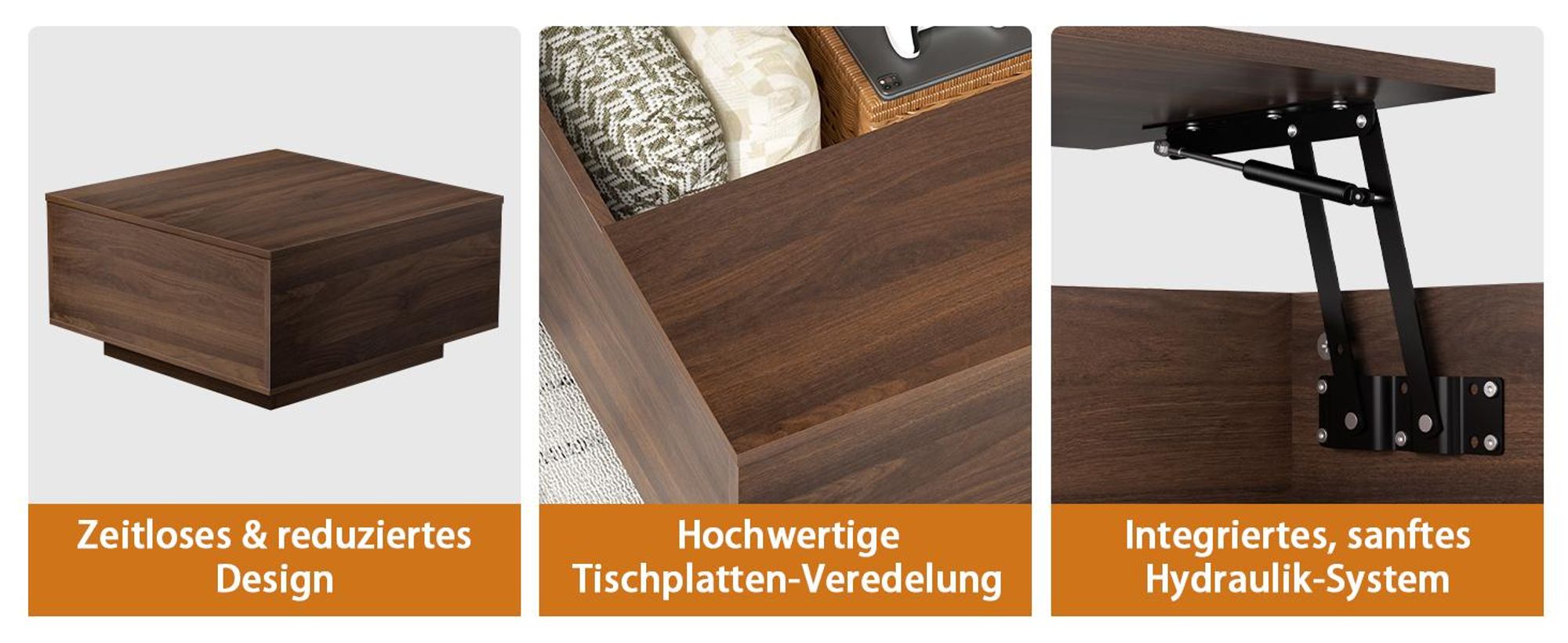 FABATO Couchtisch eckig, höhenverstellbar mit verstecktem Staufach, Landhaus-Design in Nussbaum