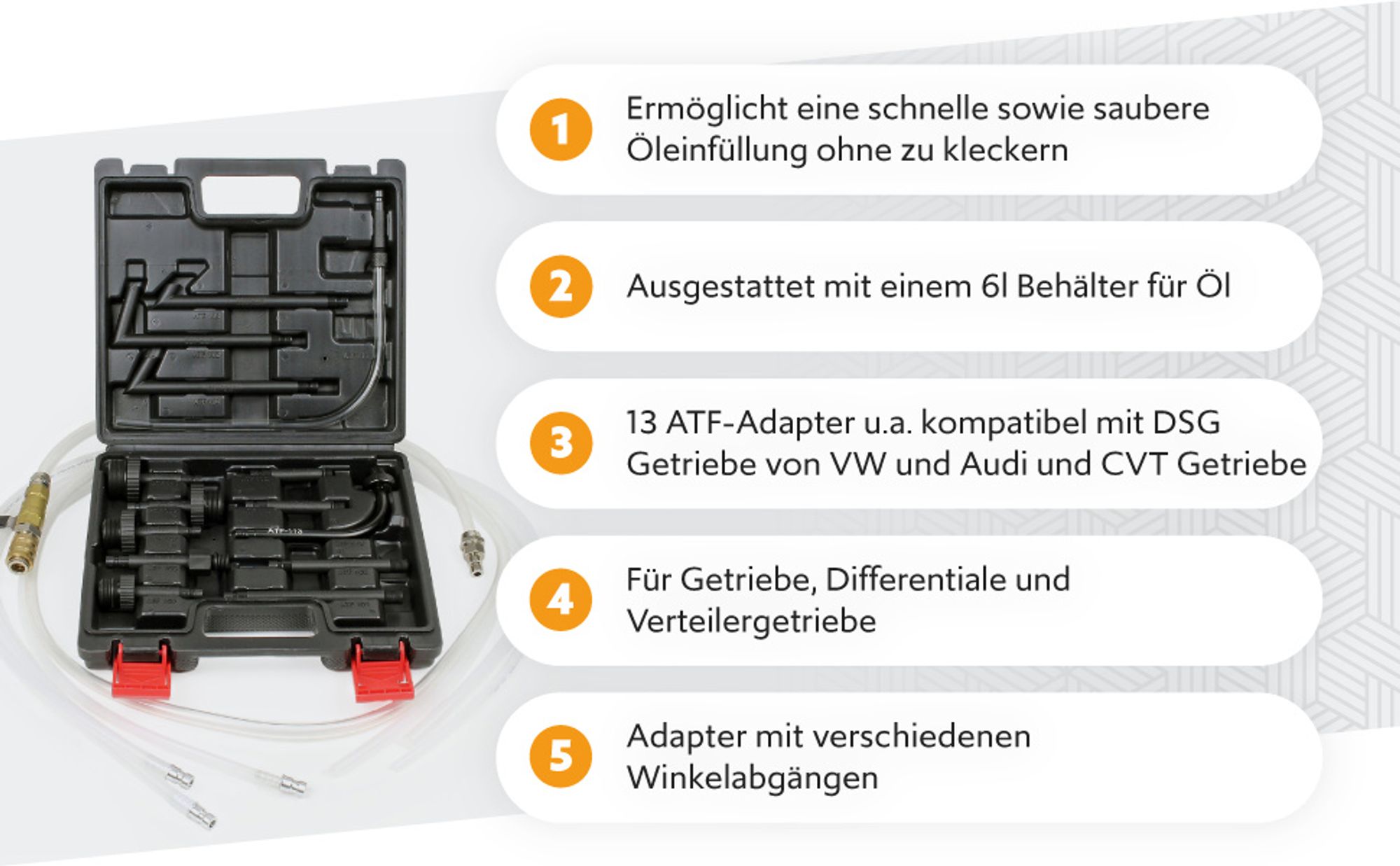 Wiltec Getriebeöl Einfüllgerät 6 L mit Druckluftpumpe inkl. 13 ATF Adapter u.a. für moderne Getriebe, Ölwechsel Gerät, Getriebeölwechsel Befüllgerät