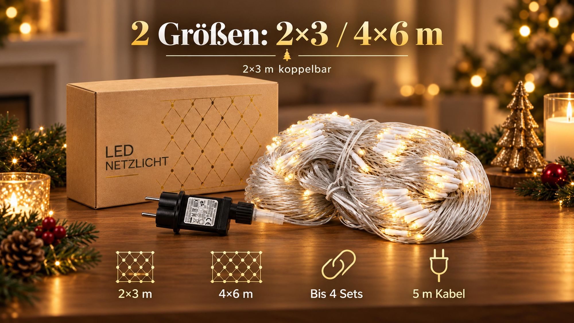 3X2m 200 LED Lichterkette Netz Lichternetz Warmweiß mit Stecker 8Modi Timer für Büsche Garten Weihnachtsbaum Zimmer Party Weihnachten Beleuchtung Deko