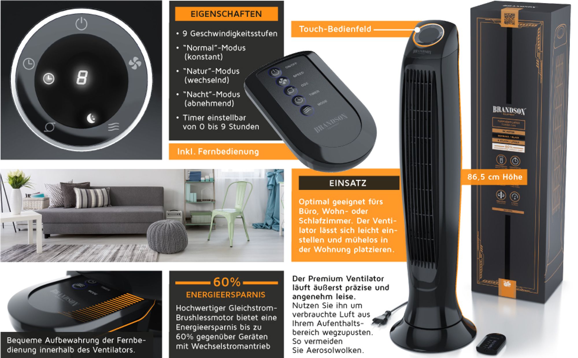 Brandson Turmventilator mit Fernbedienung und Verpackung, ideal für Wohn- und Schlafzimmer