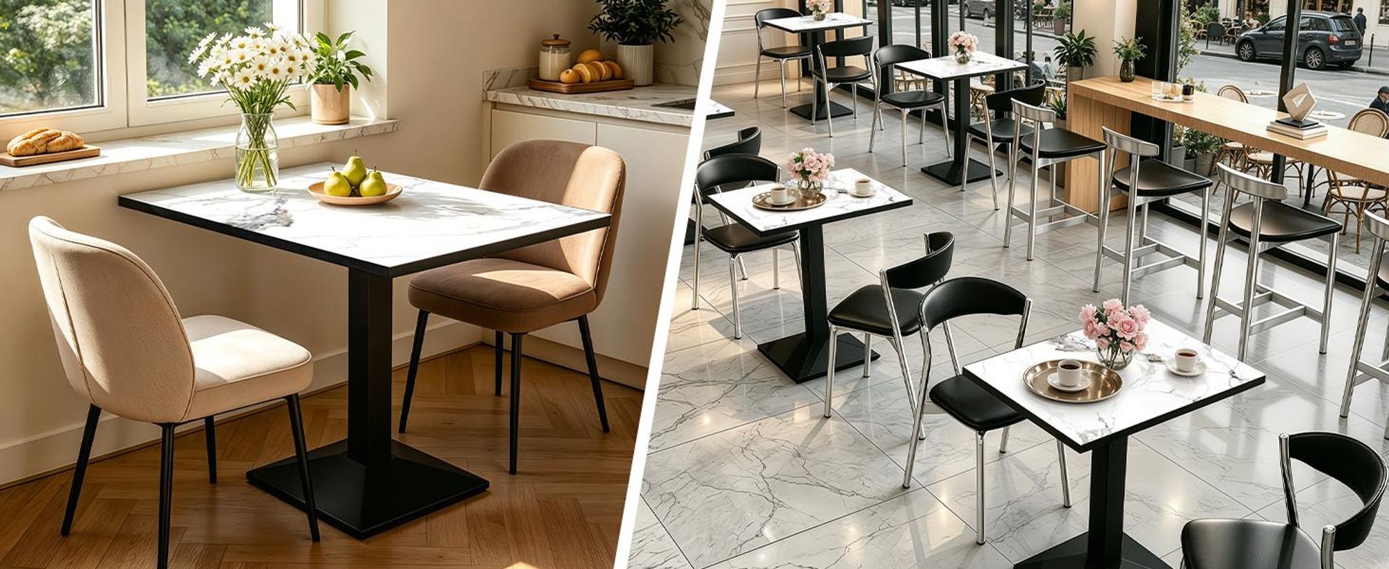 FATIVO Esstisch Sintersteinplatte 76x60x78 cm Schwarz-Jadeweiß, Säulenfuß für 2–4 Personen
