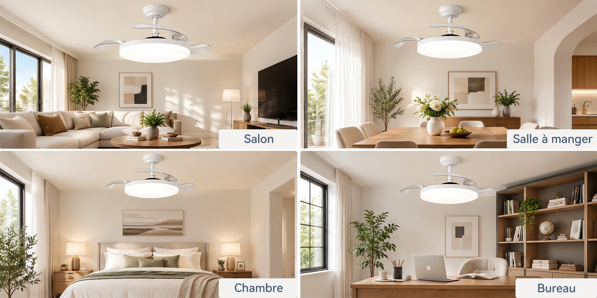 Ventilateur de plafond Parrot Uncle avec éclairage et télécommande, pales rétractables de 91 cm, blanc, LED à intensité variable, 3 couleurs de lumière, 6 vitesses