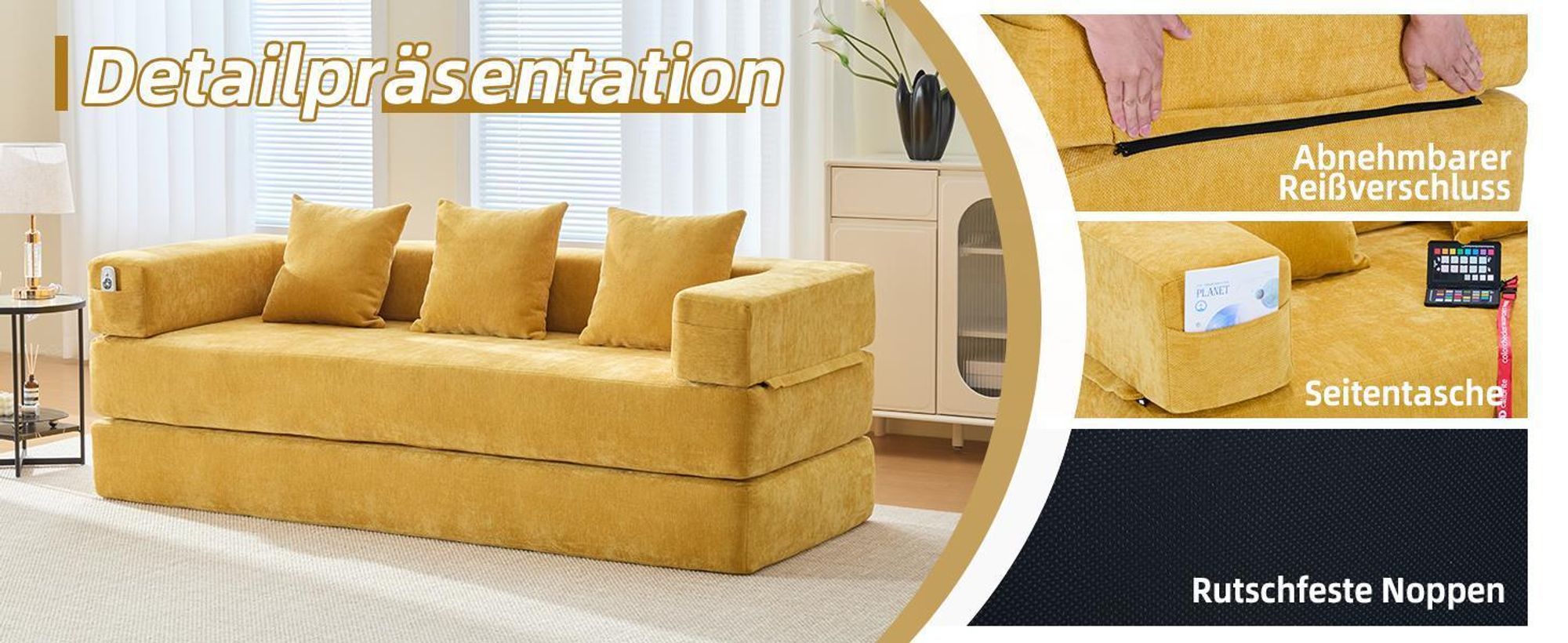 LVHOM Modulares Schlafsofa aus Chenille, Klappbares Bodensofa mit Seitentasche, Polstersofa Klappsofa Bettcouch 198x79/159cm, Beige
