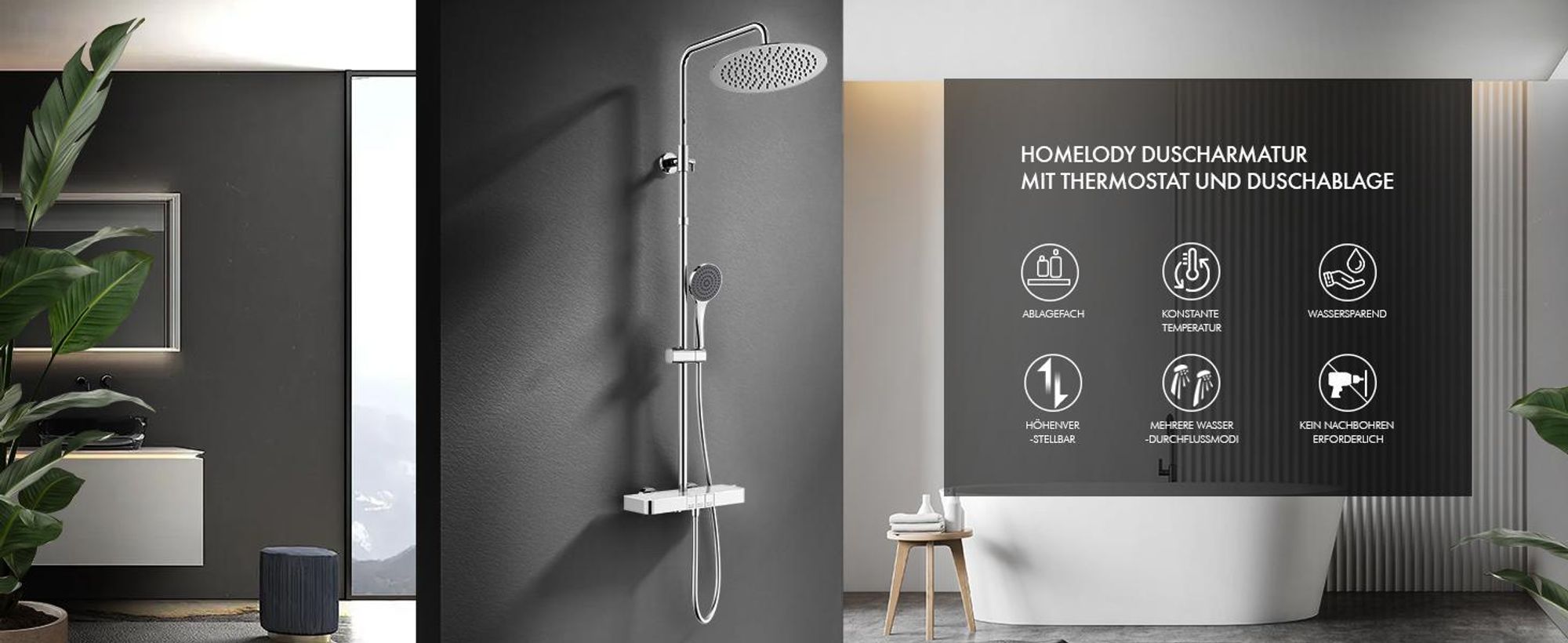 Homelody Duschsystem mit Thermostat und Glasablage, Brausegarnitur 3 Wasserausgabemodi, 12 Zoll Regendusche, Chrom