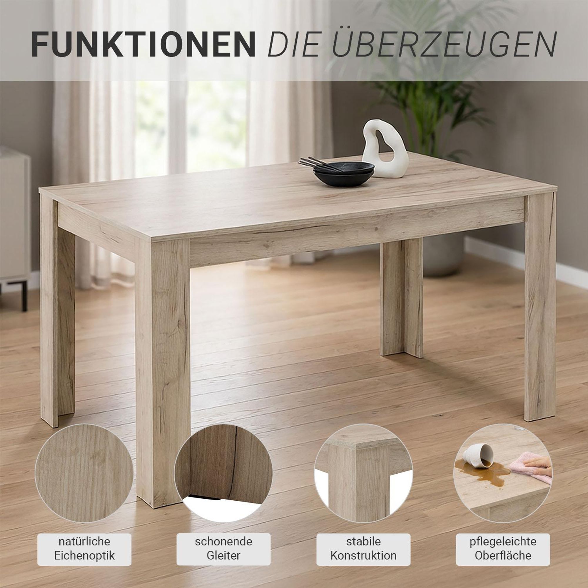 Ein Holztisch in natürlicher Eichenoptik und pflegeleichter Oberfläche.