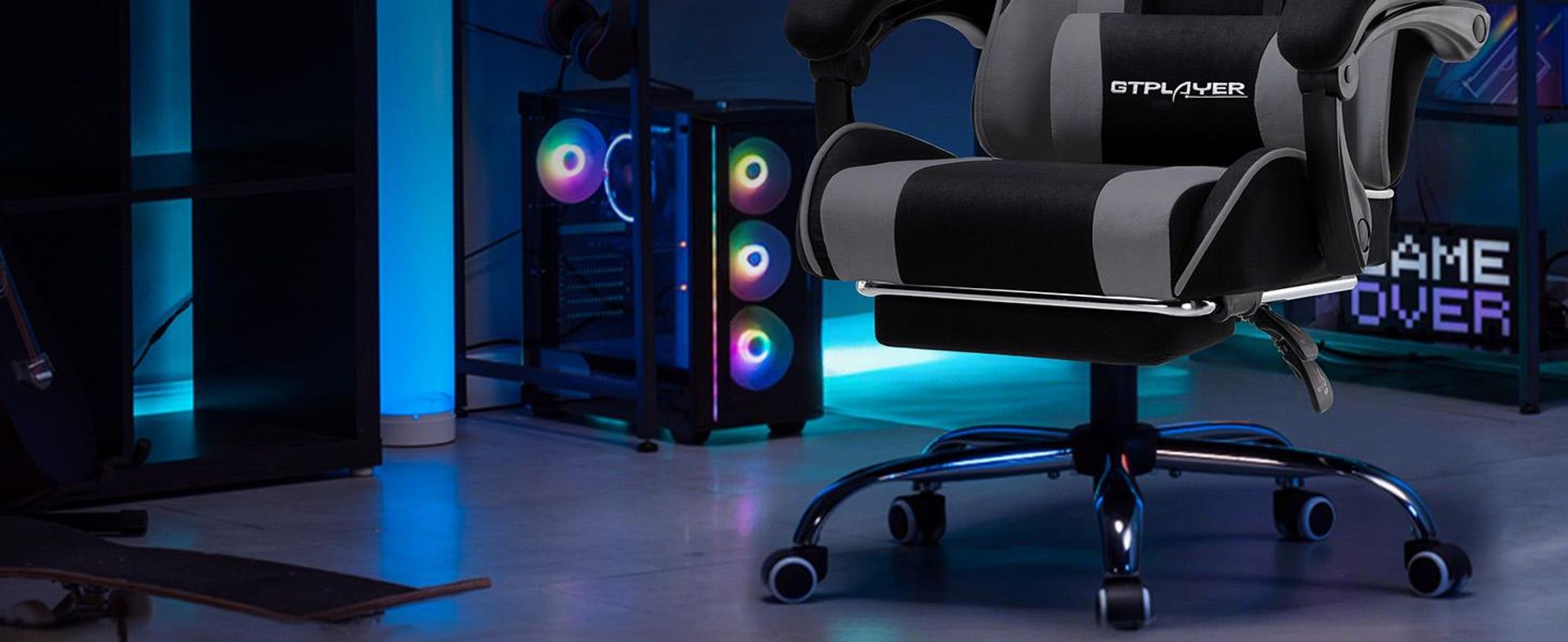 GTPLAYER Gaming Stuhl, Bürostuhl, Ergonomischer Pc Stuhl, Gaming Sessel mit Massagelendenwirbelstütze mit Fußstütze und Kopfstütze, Grau Stoff