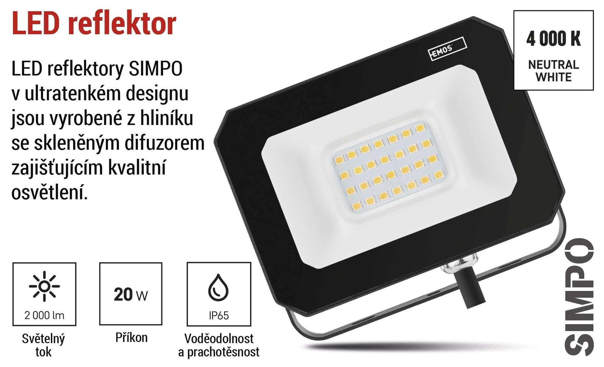 EMOS LED reflektor SIMPO 20 W, černý, neutrální bílá, ZS2223
